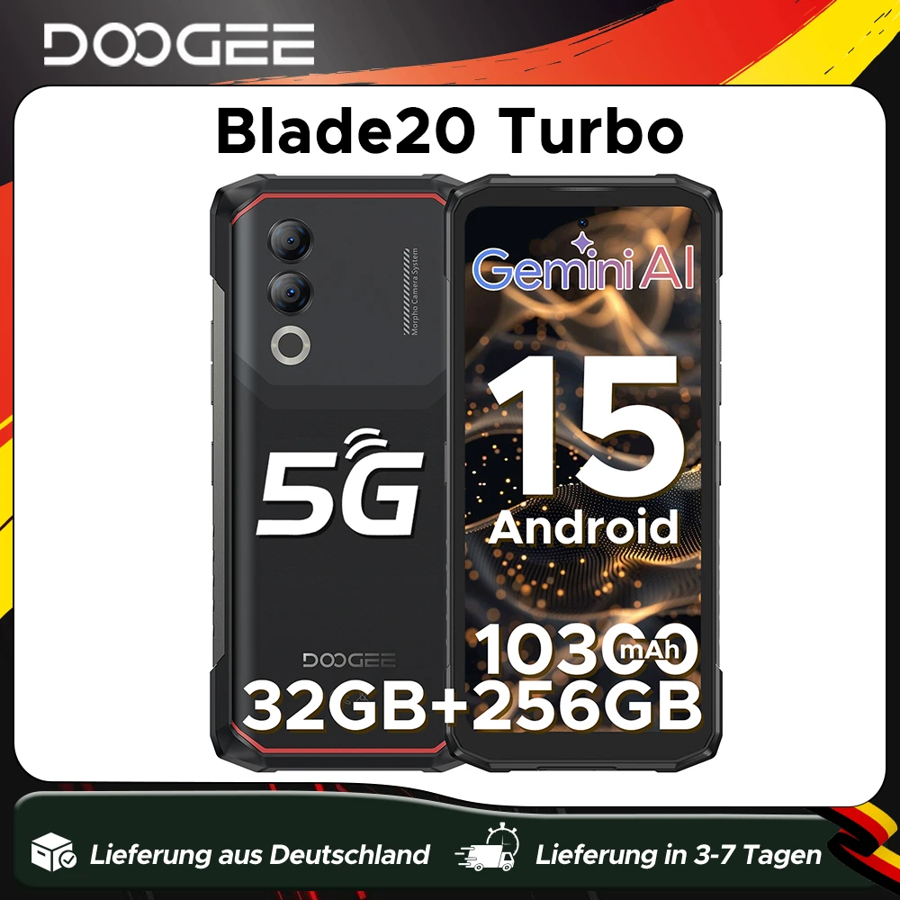 DOOGEE Blade20 Turbo 5G Robustes Smartphone Gemini Al 6,6'' Bildschirm 10300mAh Akku 8GB 256GB 50MP Kamera Android 15 NFC Mobiltelefon