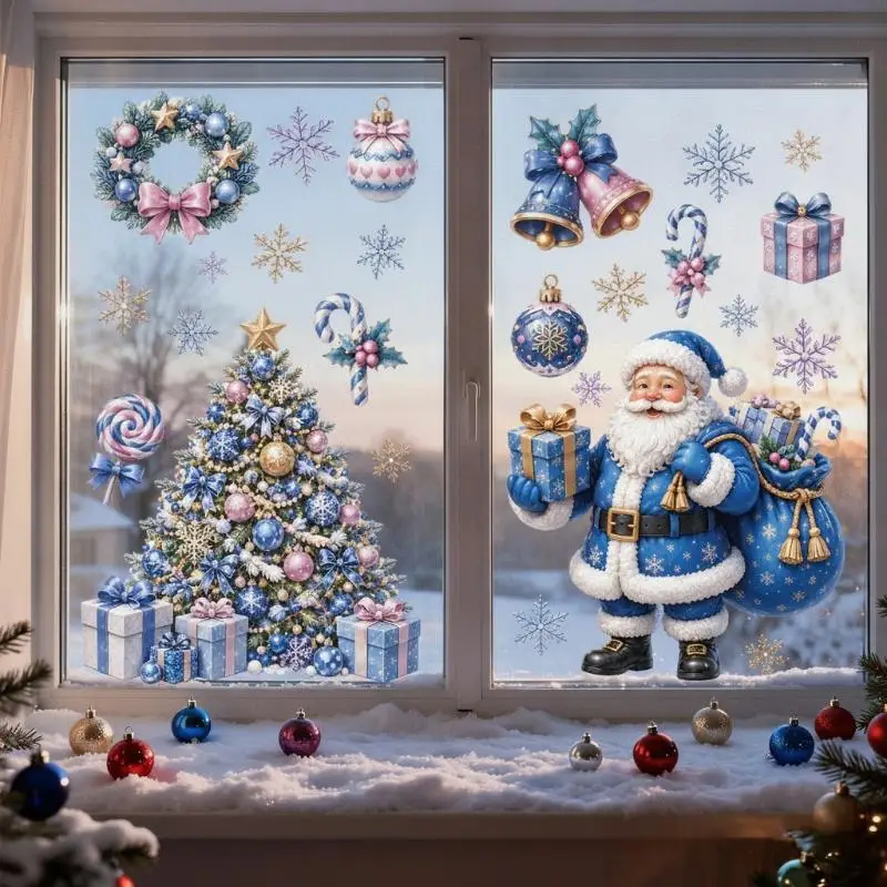 Removable Christmas PVC Static Sticker Santa Elk Window Stickers Beautify Snowflake Wall Decals New Year Party Glass Dress Up
