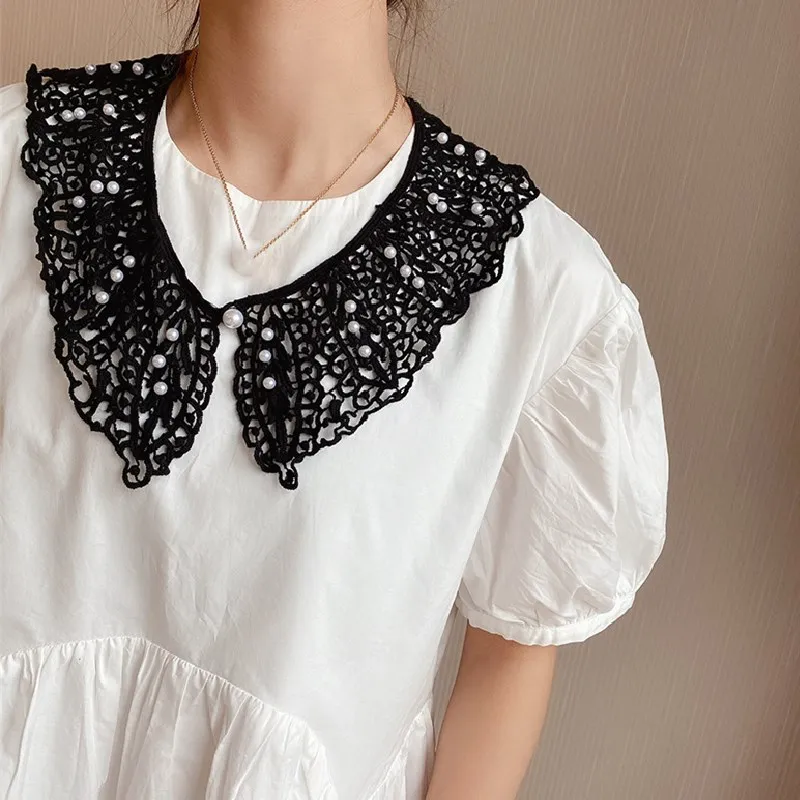 

Vintage Women Hollow Lace Crochet Fake Collar Pearl Neckline Sweater Dress Detachable Fake Collar Shawl Shirt False Around Neck