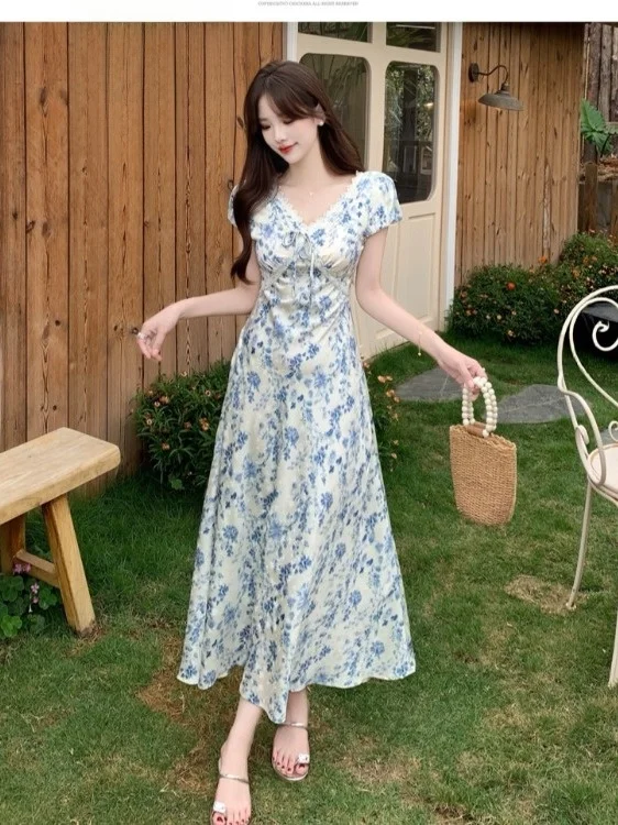

plus Size Women's Sweet Floral V-Neck Lace Short Sleeve Dress High Waist A-Line Long Dress Summer New Style Commute Korean Style