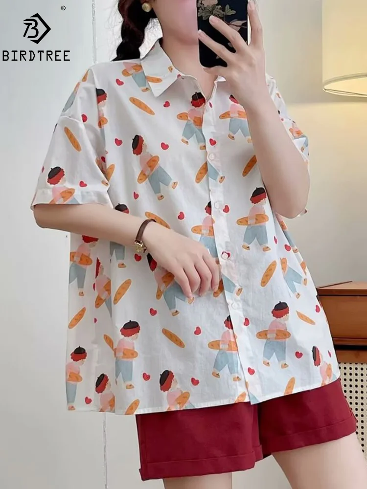 

New Summer Cotton Short Sleeve Shirts Lapel Cartoon Printing Tops Cute Girl Sweet Retro Loose Blouse 2024 Autumn T465150QM