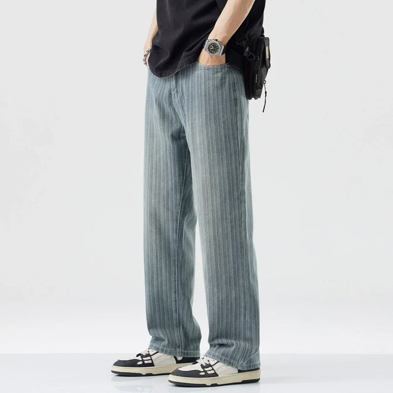 

Retro Starry Jeans Men's Loose Straight Spring Striped Washed Trend Casual Denim Pants Male Bottoms Fashion Trousers