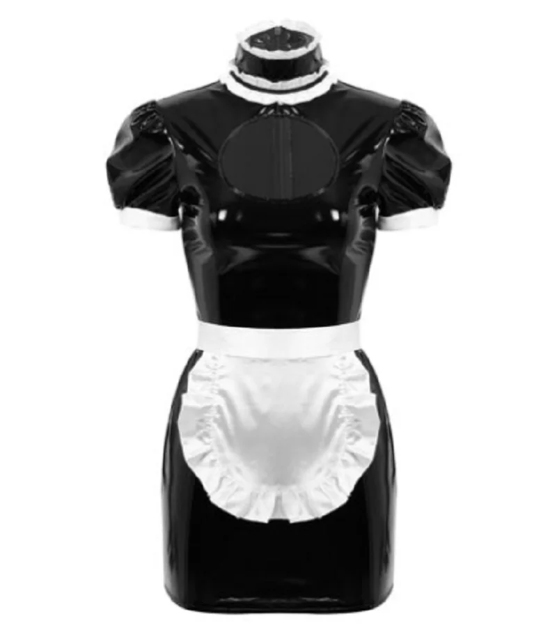 

Hot Sale Cutout Sexy Lockable Maid Sissy Dress Black PVC White Independent Apron Mid Neck Frill Cosplay Costume Can Be Customize