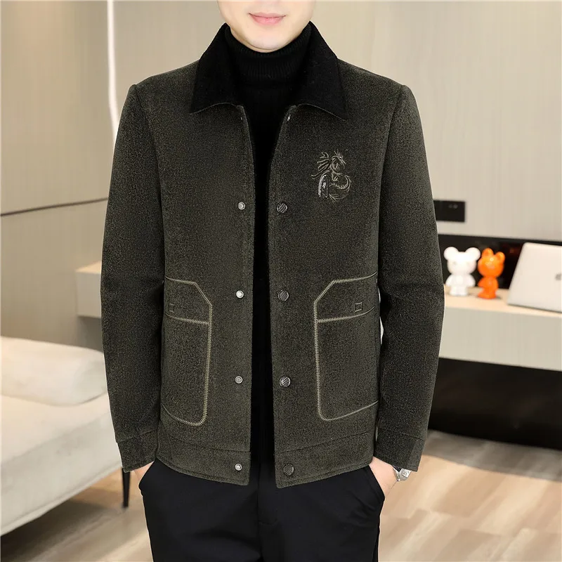 

Мужская шерстяная куртка с вышивкой в китайском стиле, зимняя теплая куртка из плотного бархата, повседневное деловое шерстяное пальто, социальное пальто