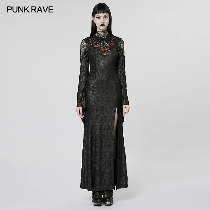 

PUNK RAVE Women's Gothic Wedding Dress Withered Vine Spider Pattern Mesh Dress Flared Sleeves Halloween Long Dresses