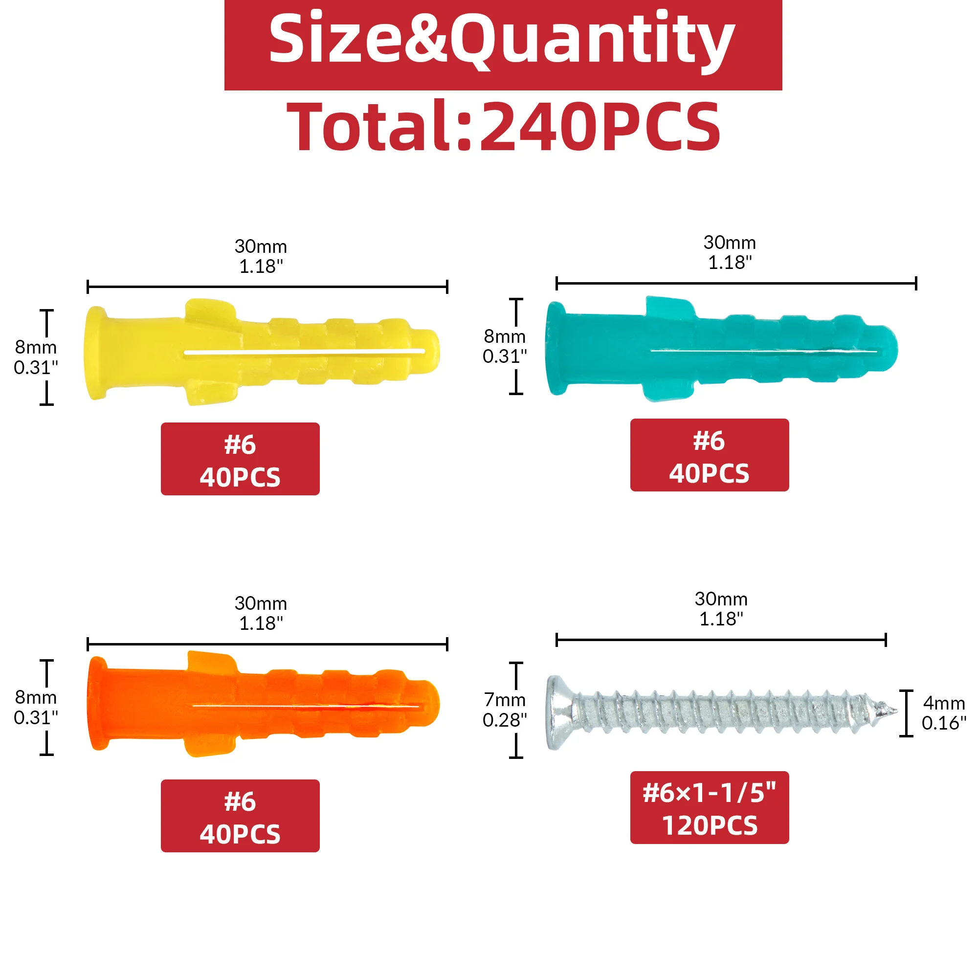 240pcs Drywall Anchors and Screws Assortment Kit with Organizer Box #6 Plastic Expansion Anchors Drywall Anchors