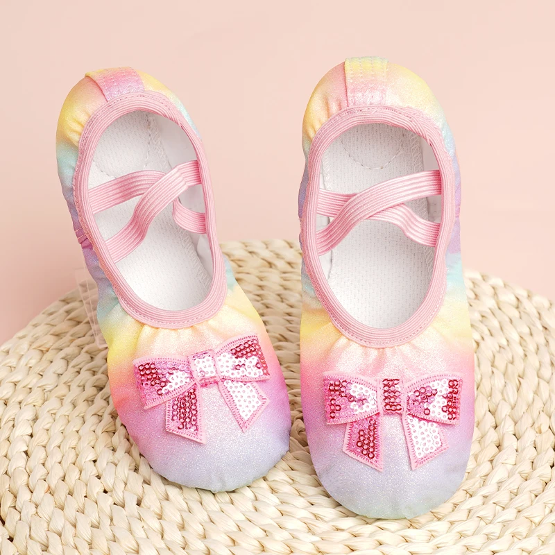 Girls Ballet Shoes with Sparkle - Rainbow Shimmer Flexible Sole | Princess Dance Slippers Non-Slip for Toddler Kids