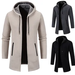 Winter Mens Fashion Hooded Long Coat Solid Color Warm Thick Casual Long Sleeve Zipper Jacket Mens Cardigan gabardina hombre