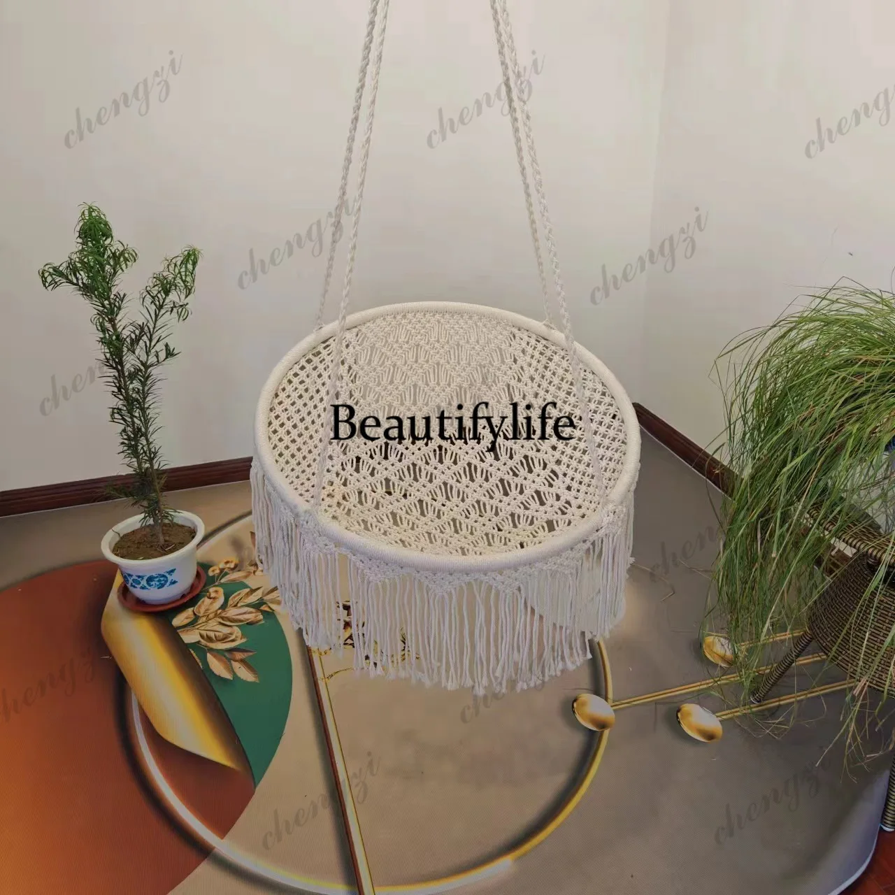 Nordic style fringed hanging chair hand woven hammock cotton rope swing outdoor hammock cradle chair
