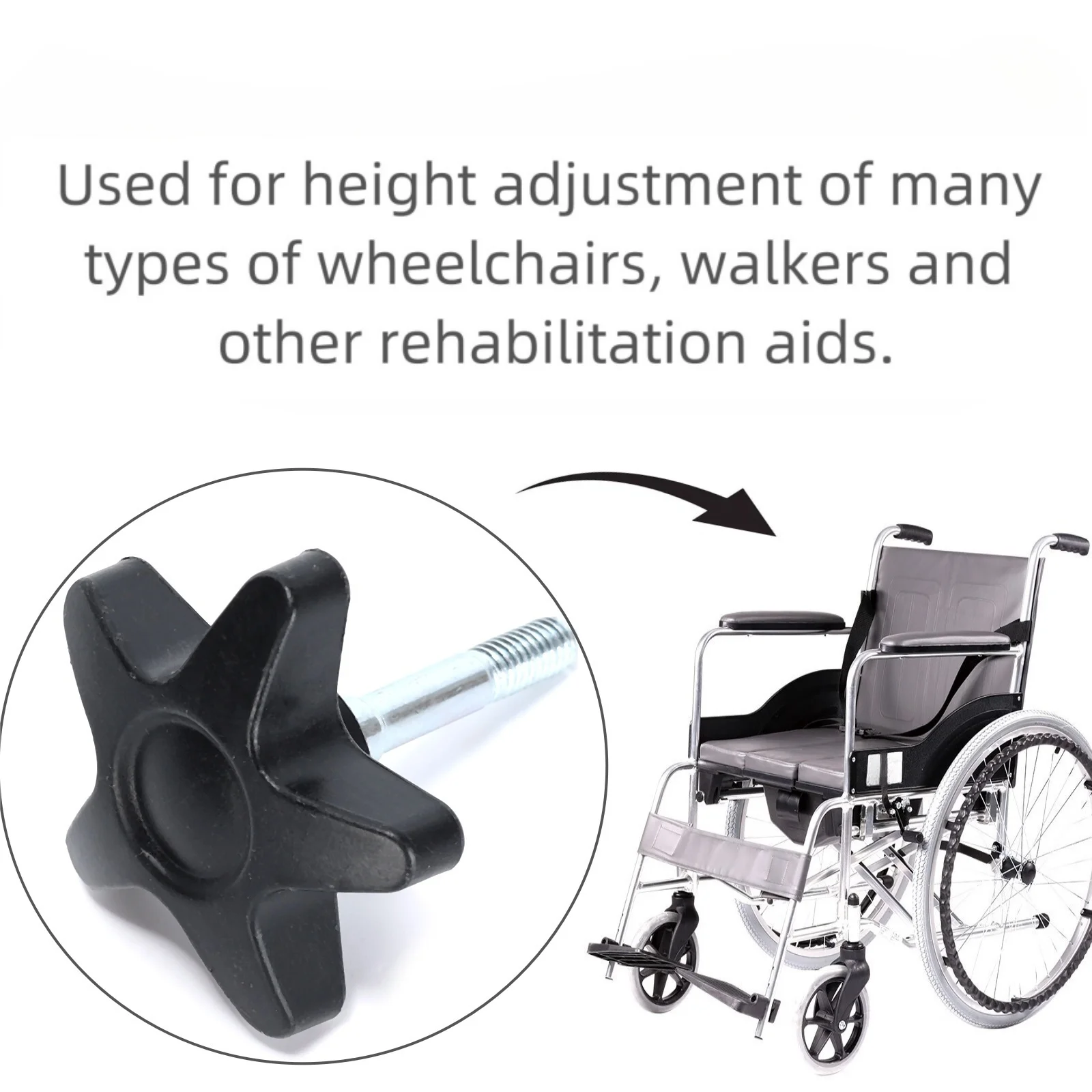 Ruimou 4Pcs Black Pentagram Wheelchair Walker Replacement Adjustment Knob M6x52mm for wheelchair walker height adjustment.