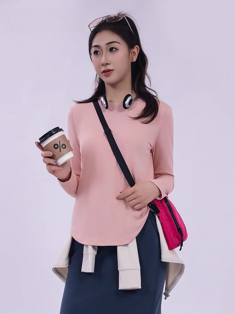 

Pink Long Sleeve Yoga T-Shirt Women's Slim Fit Quick Dry Sports Wear Comfortable Nylon Fabric round Neck Casual Style