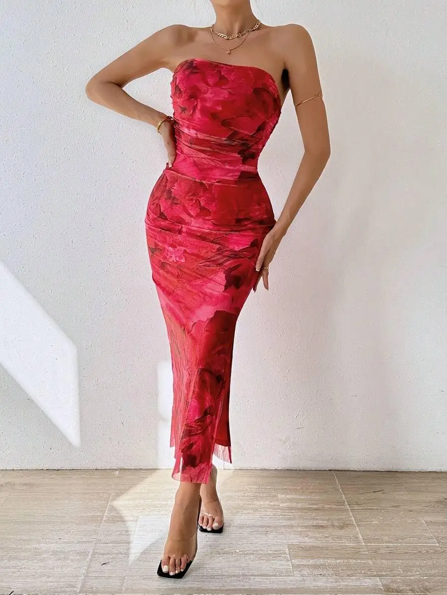 

Premium Stretchy Dye Bustier Slim Pencil Dresses for Ladies Double Layered Mesh Sexy Hip Hugging Strapless Wedding Guest Dresses
