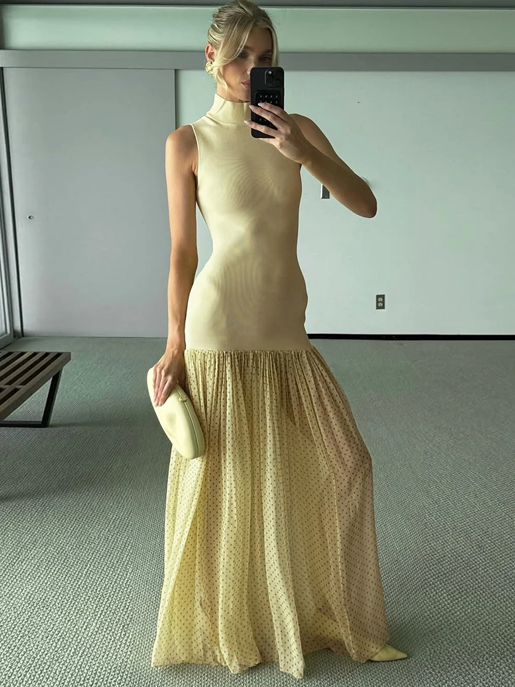 Kliou classique Patchwork femmes robe haute rue populaire Point imprimé col montant transparent sans manches robes Mujer élégant moulante