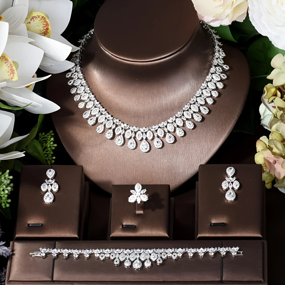 Nigéria branco ouro cor zircônia cúbica conjunto de jóias de casamento nupcial forma gota água 4 pçs colar brinco conjunto bijoux S-348