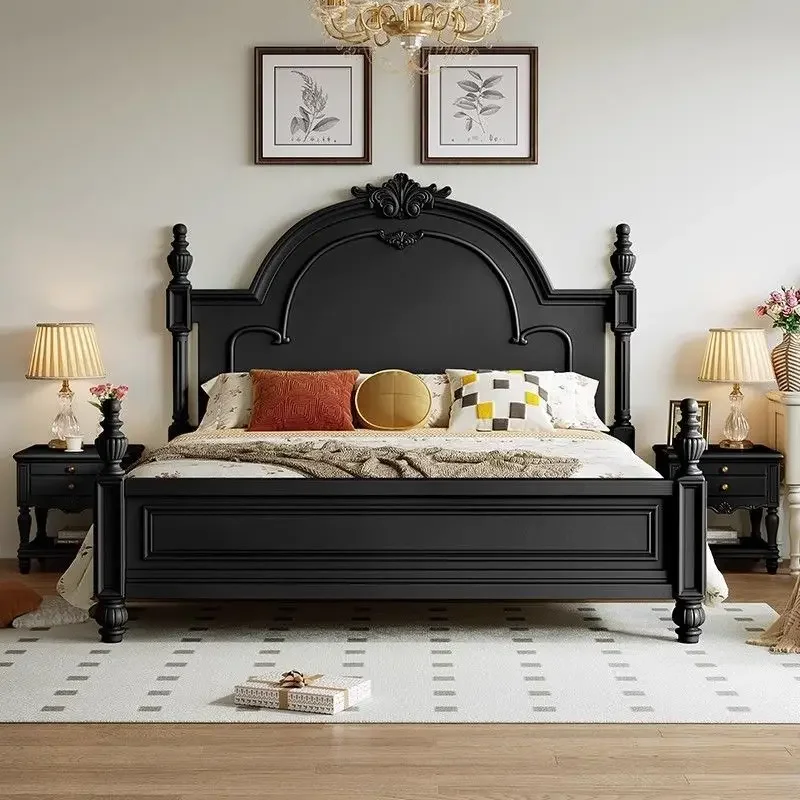 Retro American Solid Wood Black Double Bed 1.8M 1.5M for Bedroom for Home Solid Construction Reliable Performance Easy to Use
