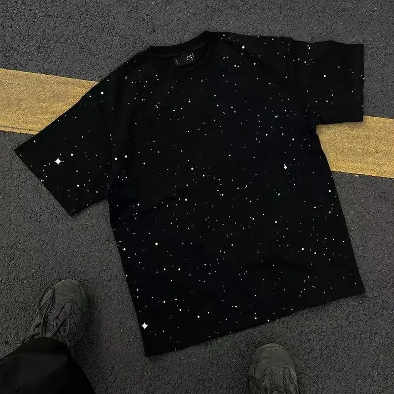 Men's Shiny Starry Sequin Cotton Tee Oversized Crew Neck Short Sleeve Casual Streetwear T-Shirt