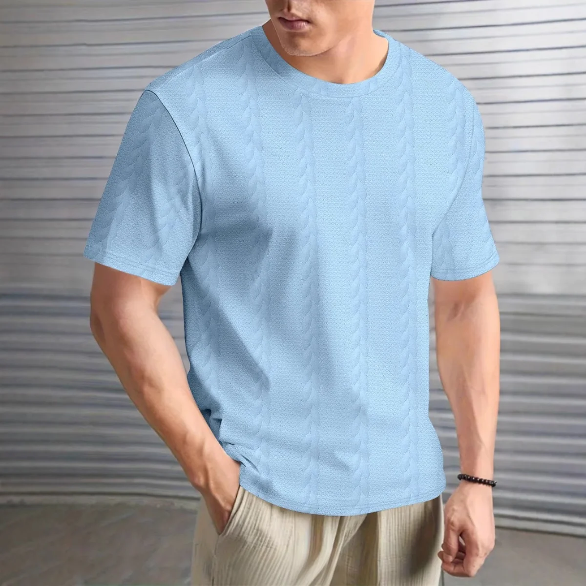 

New men's solid-color braid jacquard summer casual round-neck pullover short-sleeved T-shirt top, 2025 men's clothing