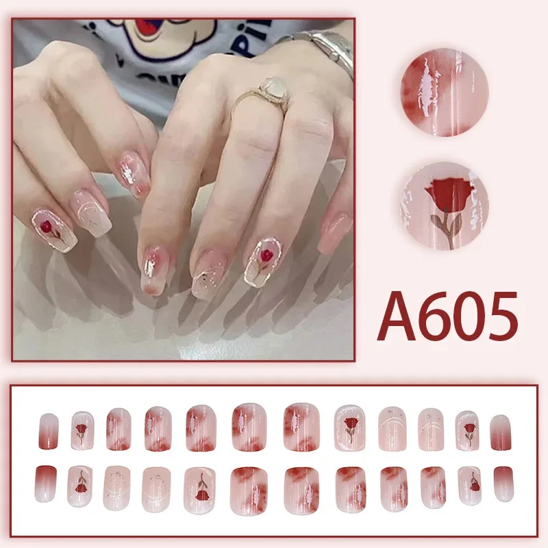 24pcs Gentle Style Wearable Nail Print Solid Color French False Nails with Glue Removable Nail Art Fake Nails Press on Nails