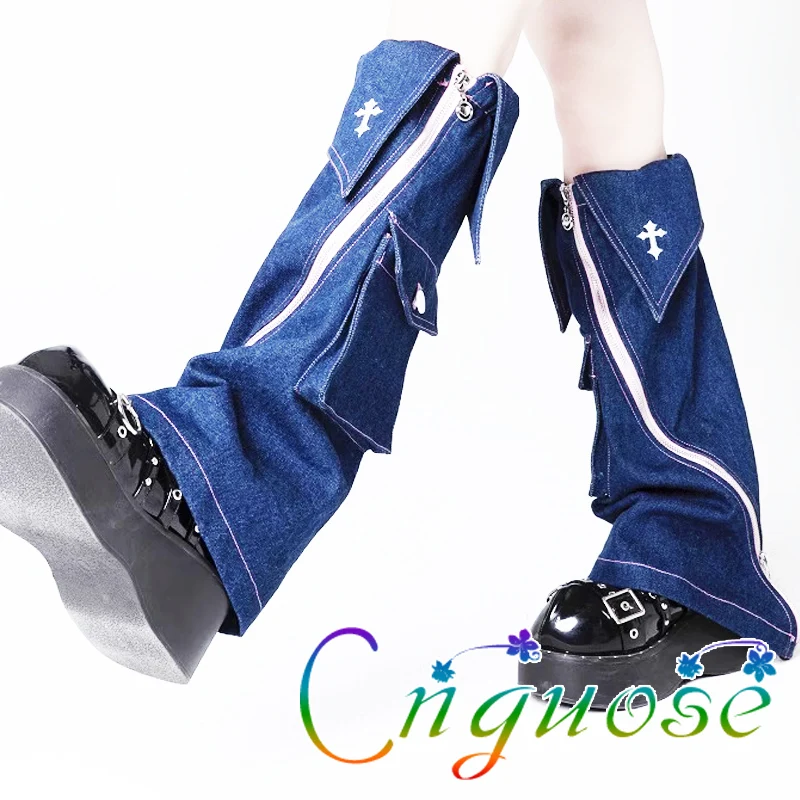 

2024 Womens DIY Y2K Japanese Cute Kawaii Zipper Pocket Splice punk Denim Leg Socks lolita Rock Punk girl legging Knee cover