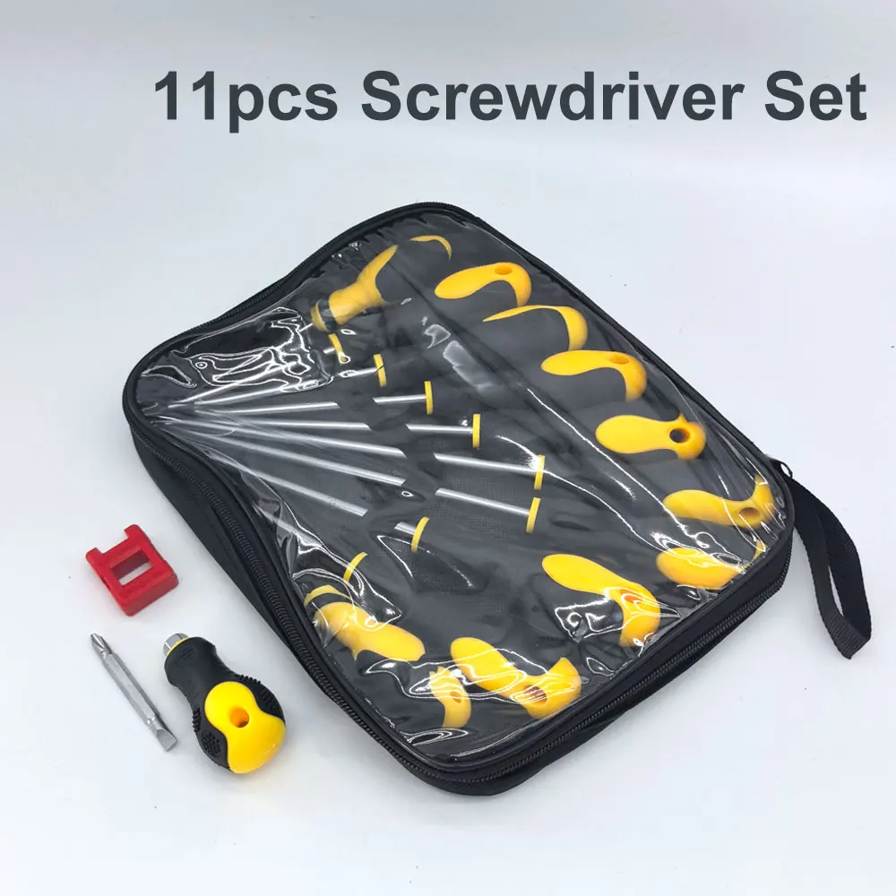 11pcs Multi‑Function Screwdriver Set Complete Hand Tool Kit Precision Bits Phillips Slotted Stubby with Transparent Zipper Bag