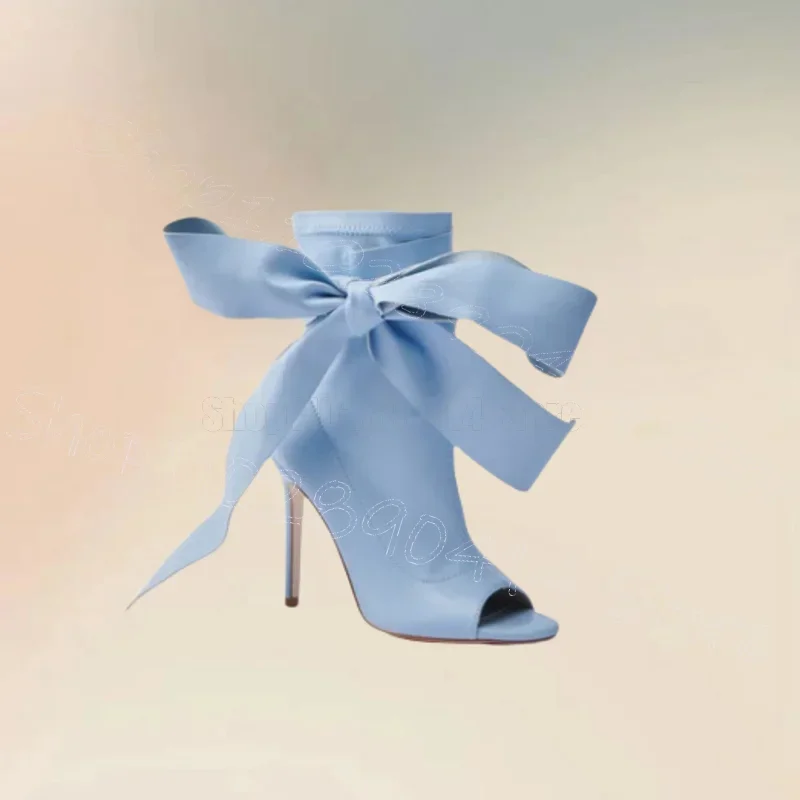 

Sky Blue Leather Bow Knot Peep Toe Ankle Boots Lace Up Women Shoes Thin High Heels Party Banquet Dating 2025 Zapatos Para Mujere