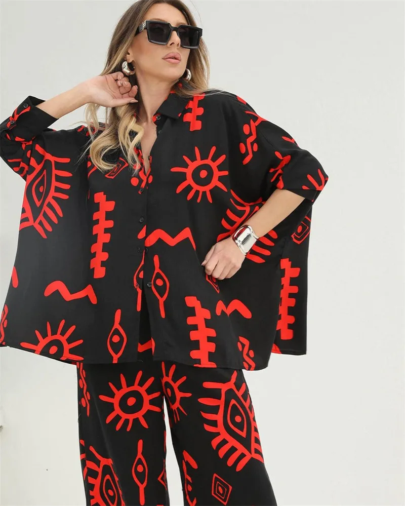 Women Pant Sets Suit Print Turn Down Collar Long Sleeve Matching Sets Casual Shirt Waist Lace Up High Waist Wide Leg Pant