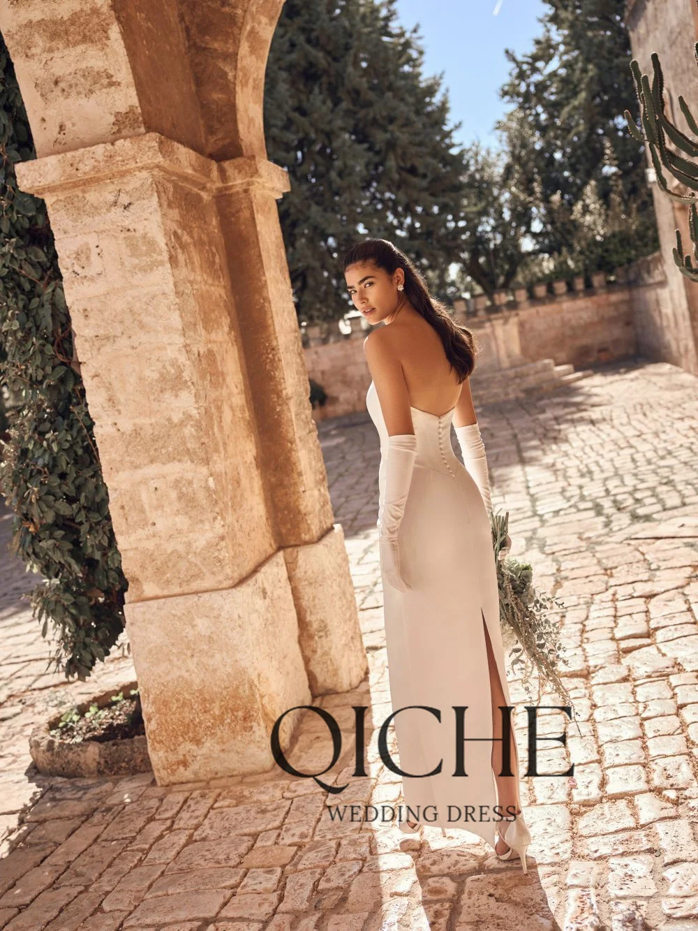 QICHE Simple Sheath V-Neck Wedding Dresses Women Satin Pleat Sleeves Open Back Bridal Party Gowns Vestidos De Noiva Customized