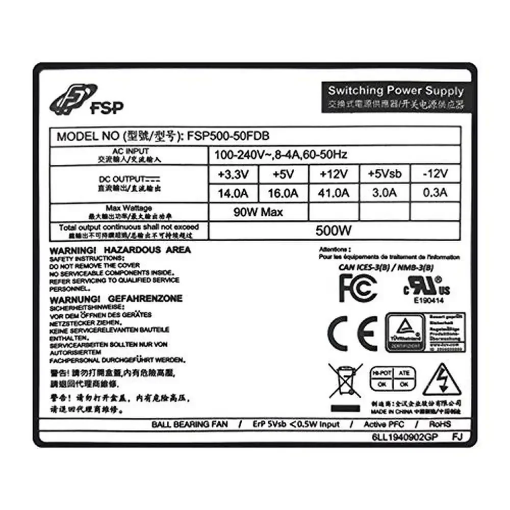 Fonte de Alimentação de Alta Eficiência Padrão Ouro 80Plus, Baixo Ruído de Ondulação, Flex, ATX 500-50FDB, 500W