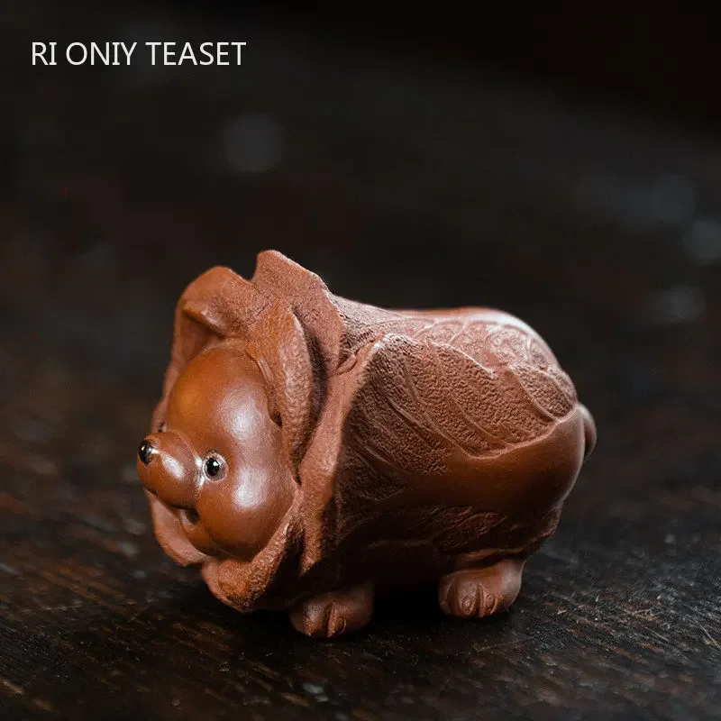 Chinese Yixing Purple Clay Tea Pet Lucky Cabbage Dog Statue Ornaments Handmade Zisha Tea Figurine Crafts Tea Set Decoration
