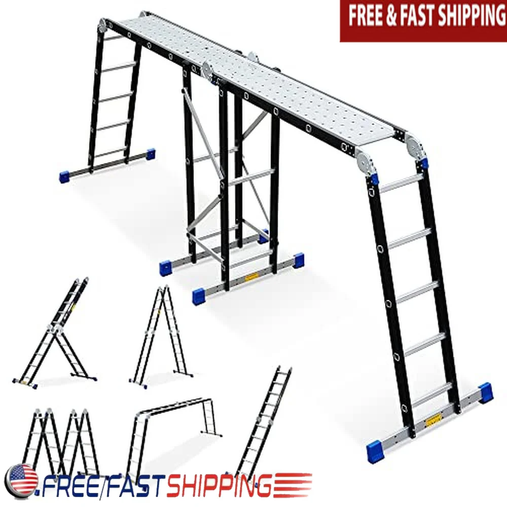 Multi-Position Aluminum Extension Ladder 19.6ft 7 in 1 Scaffold Telescoping Step Heavy Duty Anti-Slip  Support Rack Kit 1200lbs