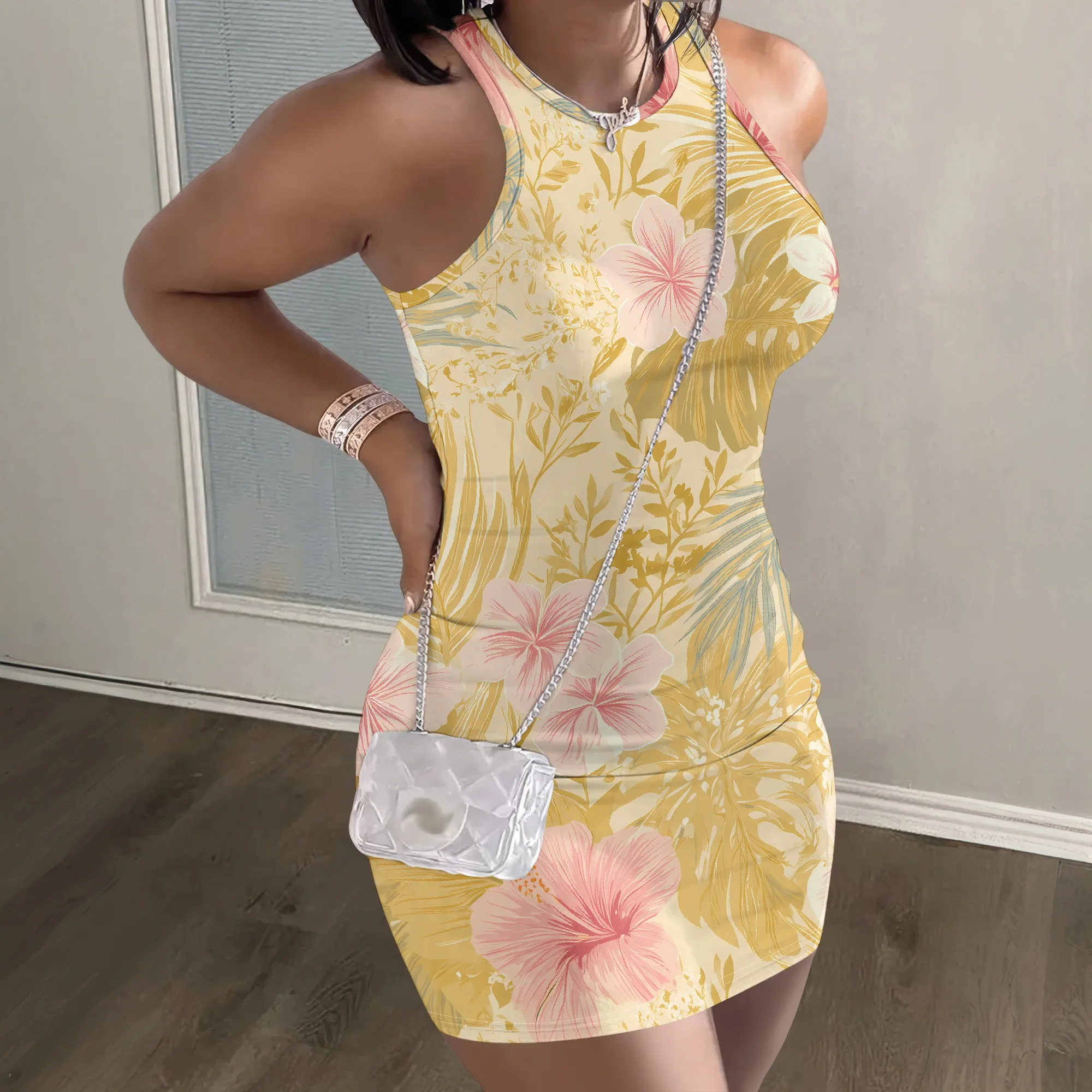 Floral Print Dress, Yellow Tropical Hibiscus Pattern, Sleeveless Racerback Mini Bodycon, Summer Party Club Wear, S-2XL