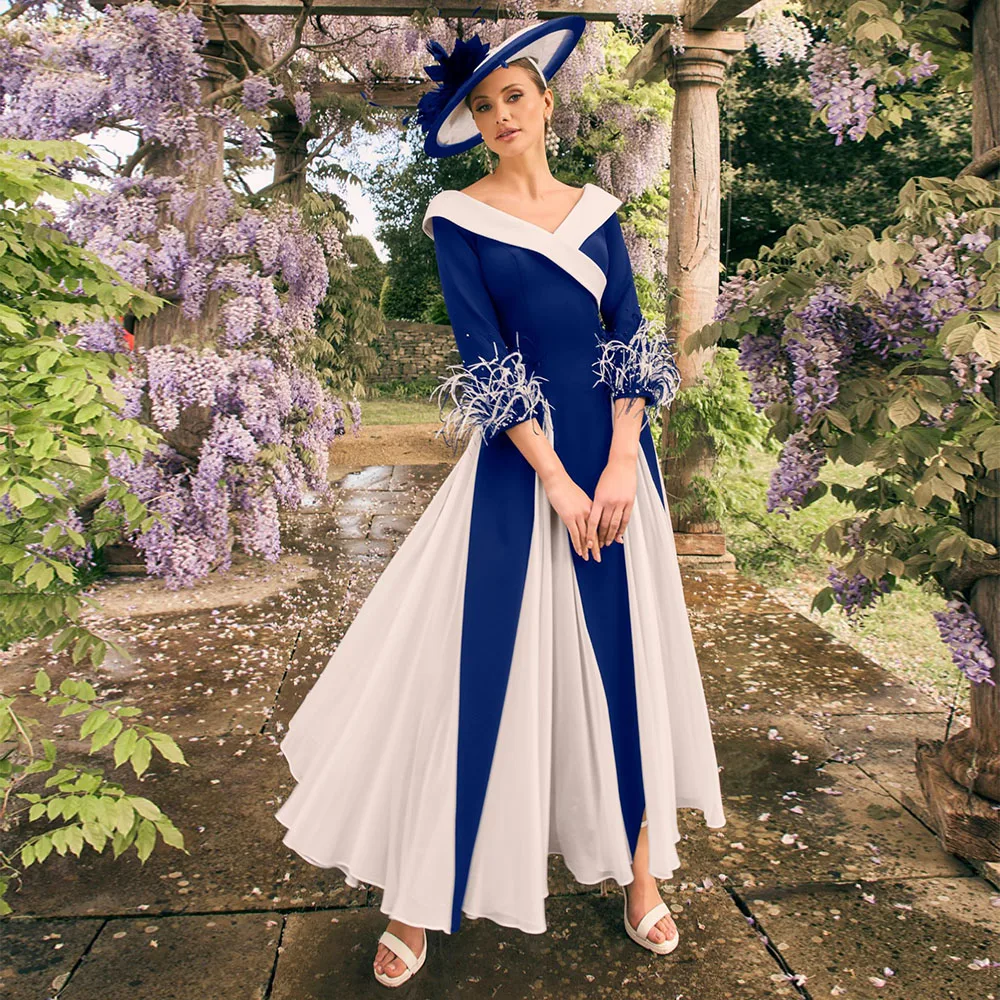 

Customized Mother of the Bride Dresses for Weddings Feather V Neck A Line Wedding Guest Gowns for Women 3/4 Sleeves Evening Gown