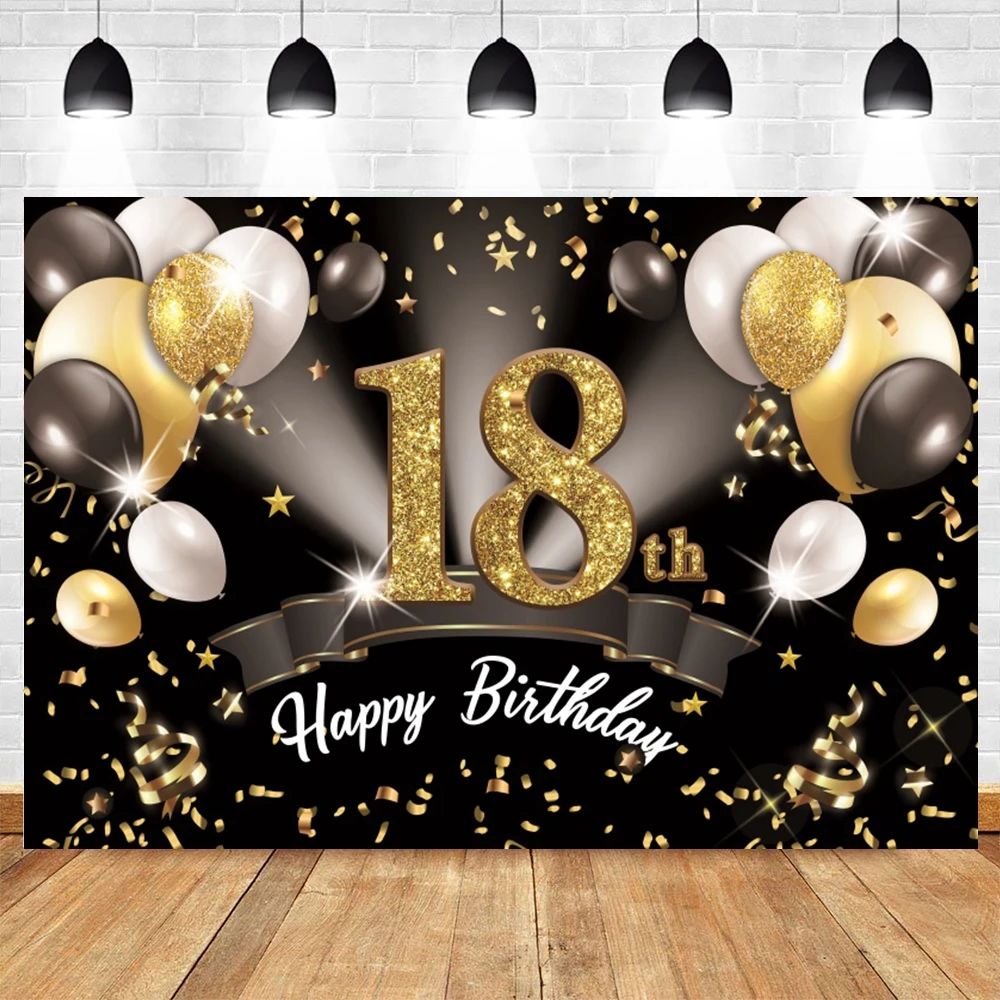 Gold Glitter Happy Birthday Party Backdrop For Photo Black Happy Birthday Adult Theme Party Decoration Supplies Backdrops