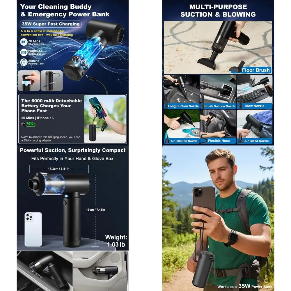 

Cordless 4-in-1 78000RPM Air Duster with 6000mAh Removable Battery, 35W Power Bank, Ideal for Car, Home, and Office