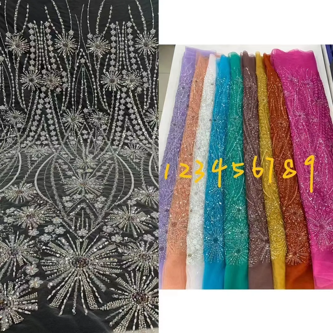 Sequined Lace Fabric for Wedding Party, Elegant White African French Tulle, Beaded Beads, Nigerian Embroidery, Christmas