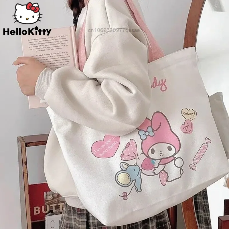 

Холщовая Сумка Sanrio My Melody, милая школьная сумка Hello Kitty Kuromi, вместительная Студенческая сумка через плечо, женская сумка на молнии