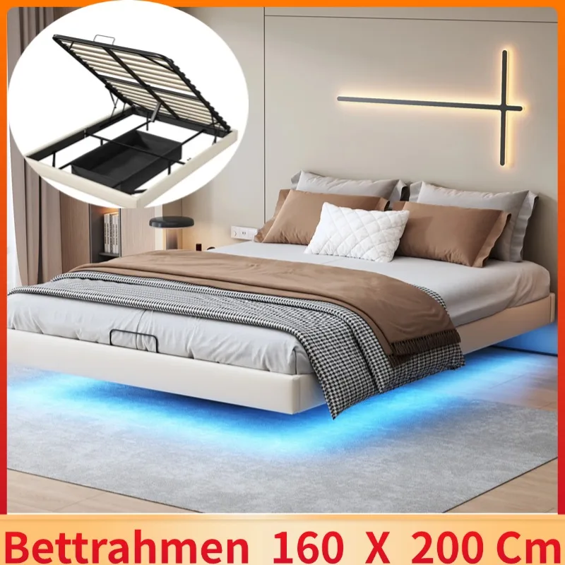 Storage bed 160x200 cm with LED lighting, Double bed,Adult bed without headboard, slatted base, PU fabric, White