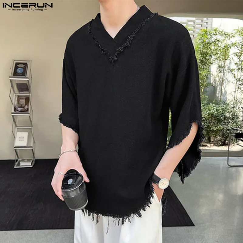 2024 Men T Shirt Solid Color Tassel V Neck Half Sleeve Casual Men Clothing Streetwear Loose Oversize Fashion Tee Tops INCERUN