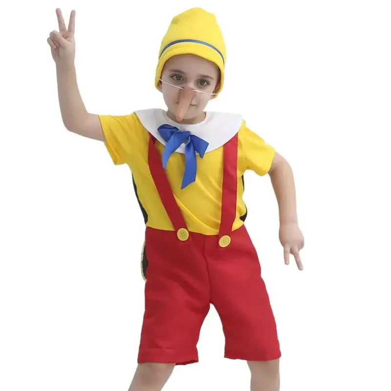 

Kids Puppet ForPinocchio Costume Halloween Cosplay Baby Boy's Occasion 3 Pcs/Set Hat Overalls Long Nose Stage Show Party