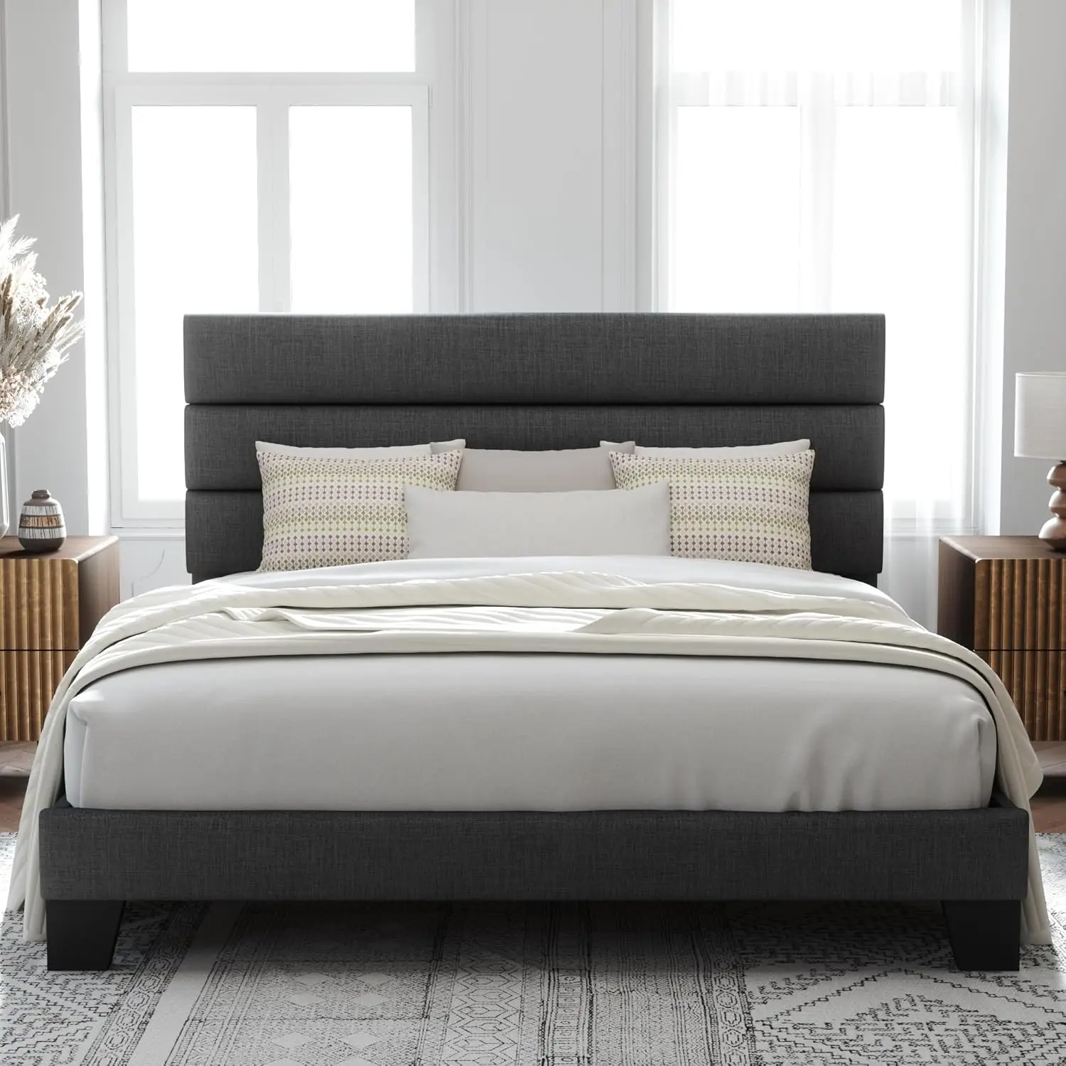 King Bed Frame Platform Bed with Fabric Upholstered Headboard and Wooden Slats Support, Fully Upholstered Mattress Found