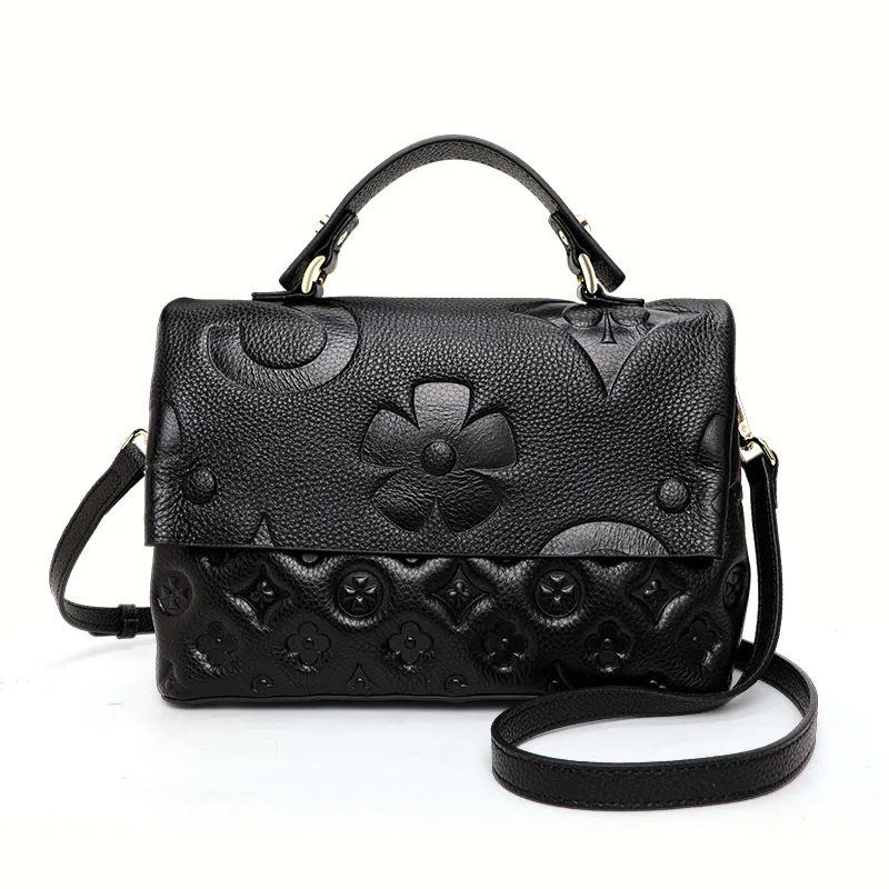 Aidrani The New WOMEN\'S One Shoulder Crossbody Bag Is Made of High-quality Cowhide and Printed with Black Flower Patterns