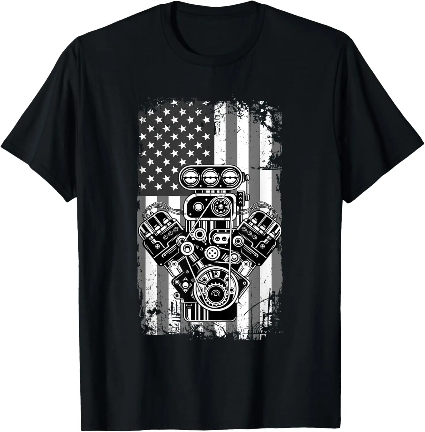 Vintage Muscle Car Piston American Flag Funny Mechanic Gift T-Shirt