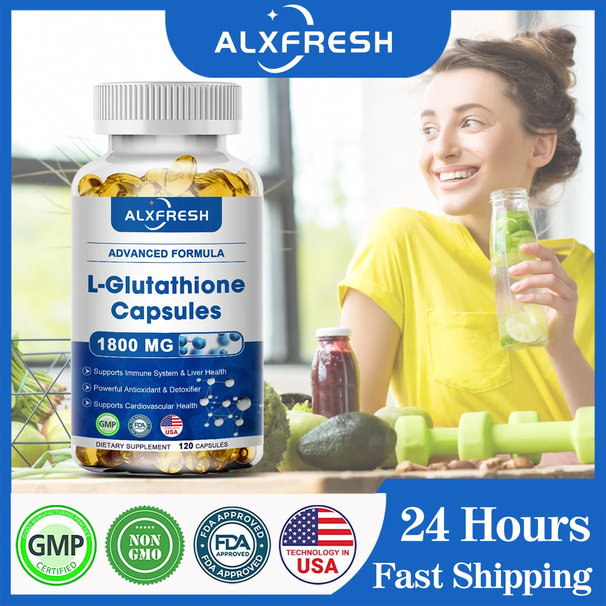 

Alxfresh L-Glutathione 1800mg for Antioxidant, Kidney, Liver, Skin Health Support, Cleanse Detox, Nutrition Supplement