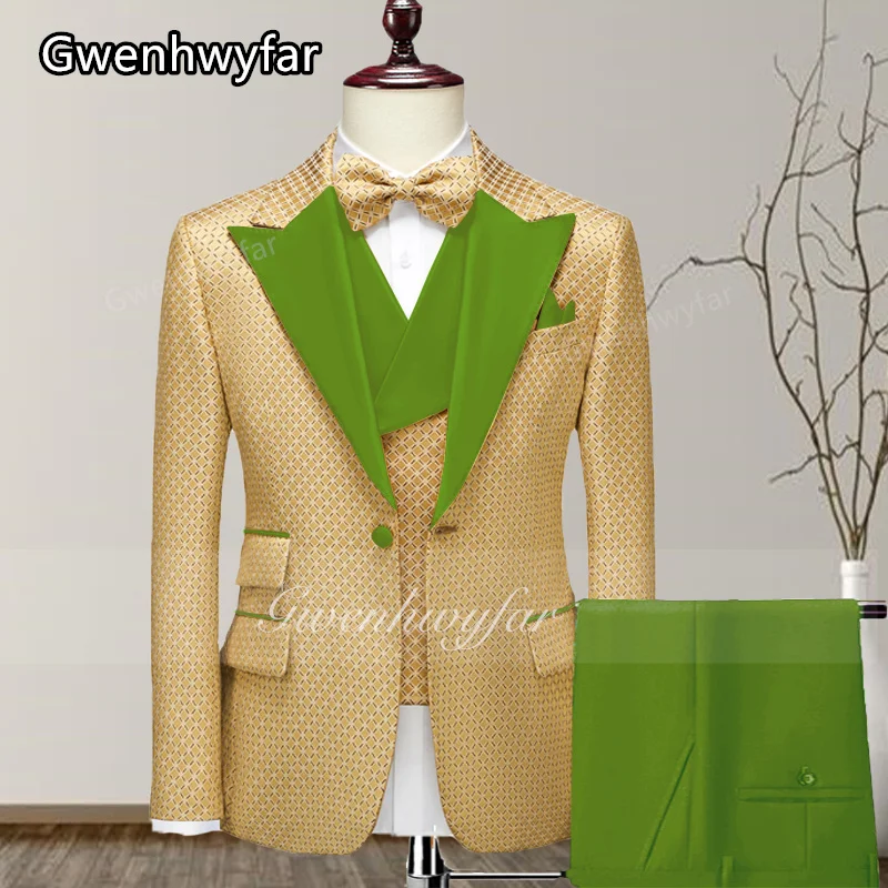 Gwenhwyfar 2022 New Yellow Pattern Men Party Tuxedos Suits 3 Pieces Latest Lapel Men Suits Buttons Fashion Style Suits