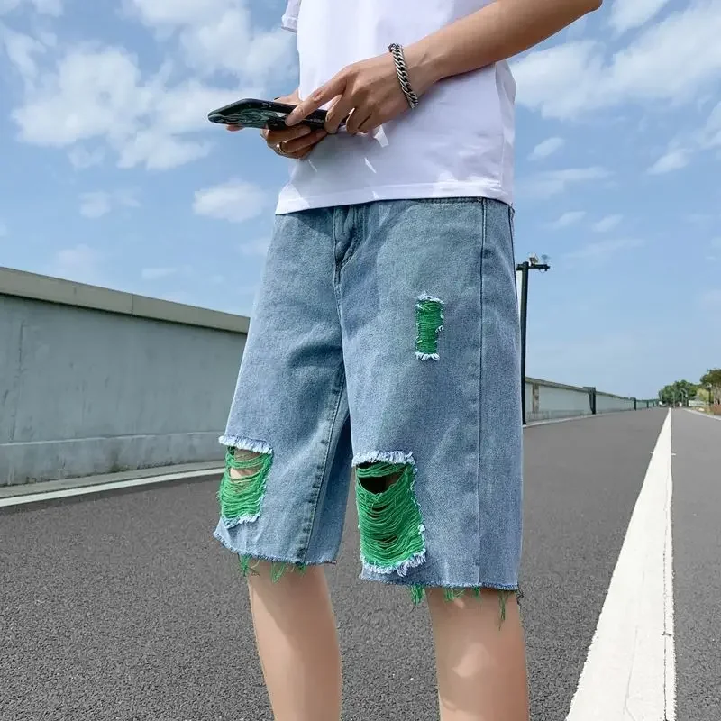 Short Jeans Pants for Men Bermuda Half Ripped Long Man Denim Shorts Trend 2024 Original Designer Thin Rude Y2k Fashion Stretch