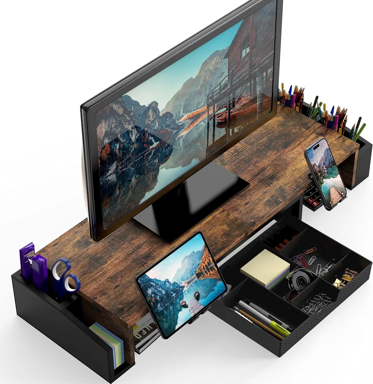 Dual Monitor Stand Riser Adjustable Length & Angle Monitor Riser with Storage Drawer Phone Tablet Holder, Desktop Desk Organizer for Dual Screens Home Office Workspace