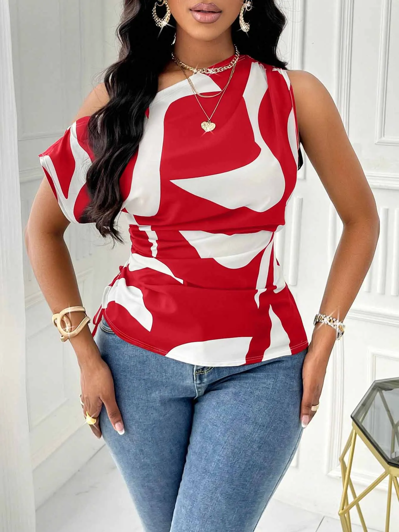 

Женская блузка на одно плечо с абстрактным принтом, атласная, приталенная, с завязками по бокам, сексуальная, весенне-летняя, шикарная, повседневная, легкая