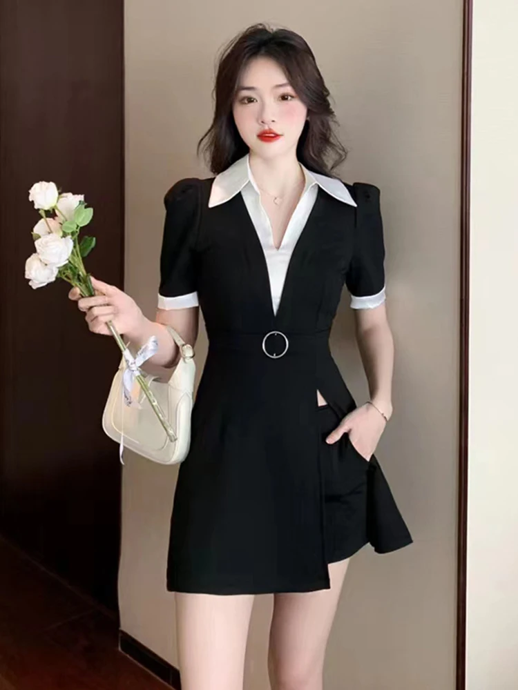 Summer Fashion Black Formal 2-częściowe stroje Eleganckie biuro Kobiety Szykowne krótkie rękawy Długie topy Koszula Bluzka Szorty Mujer Slim Set