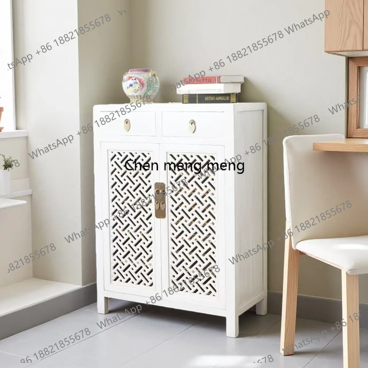 

New Chinese-style solid wood white hollow entrance cabinet double door locker simple and versatile storage cabinet