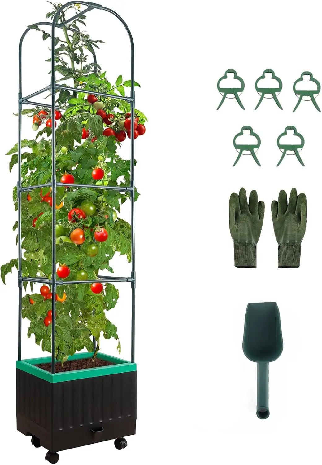 

Raised Garden Bed with Self Watering Garden Pots, Planter Box with Trellis for Climbing Plants Vegetable Vine Flowers, T